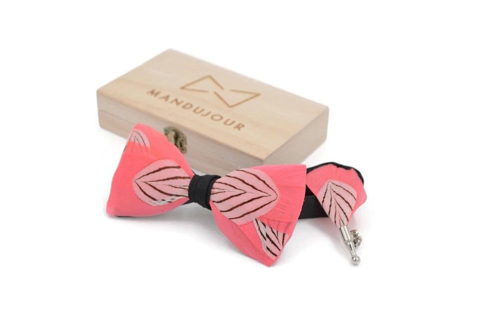 8674 Elegant Peach Feather Bow Tie & Lapel Pin Set - Handmade Wedding